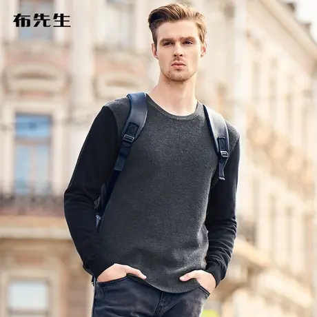 MrBu布先生长袖毛衣羊毛衫圆领套头时尚简约拼接羊毛衫BT3718断码商品大图