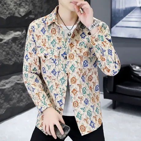 痞帅个性碎花长袖衬衫男款春秋季外套上衣社会小伙潮牌薄款夹克衫商品大图