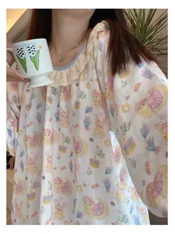 奶里奶气的纯棉双层纱布卡通图案可爱棉纱睡裙宽松长裙商品大图