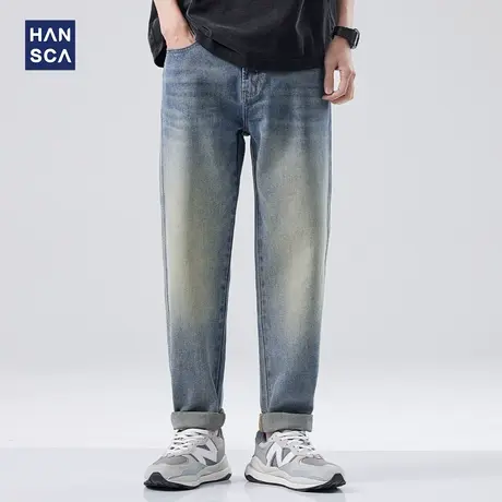 hansca做旧水洗牛仔裤男复古美式高街春季新款阔腿宽松休闲裤子男商品大图