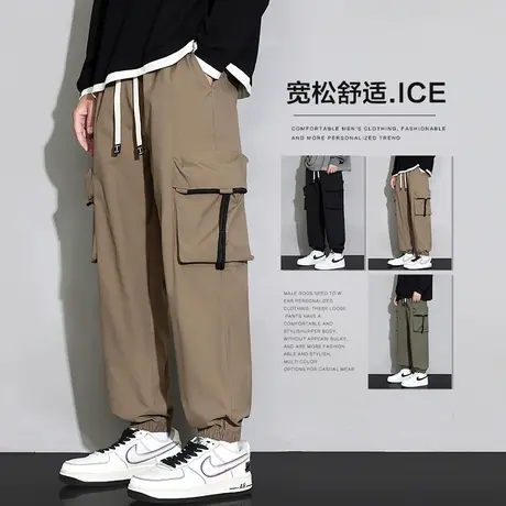 多口袋宽松紧腰秋季工装春秋款高端束脚男裤子秋天哈伦休闲裤秋装商品大图