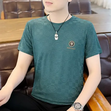 2023夏季新款男士冰丝提花短袖T恤烫钻logo加肥加大码半袖体恤衫商品大图