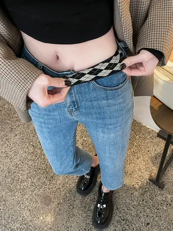 复古烟管牛仔裤女春秋新款高腰显瘦窄版小个子九分直筒法棍直筒裤商品大图