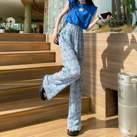 褶皱冰丝阔腿裤女2024年新款高腰垂感直筒休闲夏季薄款宽松凉凉裤商品大图