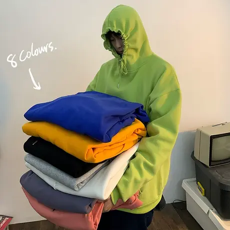 港风卫衣男秋冬季韩版潮流休闲上衣服帅气纯色百搭情侣装宽松外套商品大图