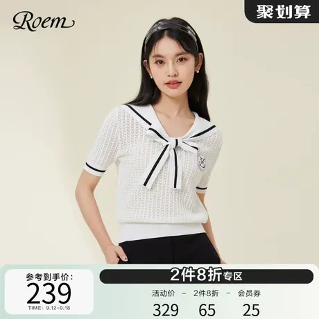 ROEM商场同款英伦学院风海军领毛针织衫2023春夏新款蝴蝶结上衣图片