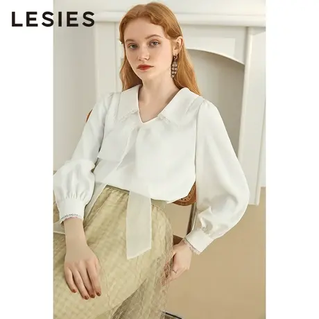LESIES蓝色倾情春秋新款女可脱卸蝴蝶结花边翻领淑女衬衫上衣商品大图