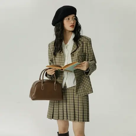 omont蛋挞家 短款小西装女新款2023复古格子休闲气质小个子短外套图片