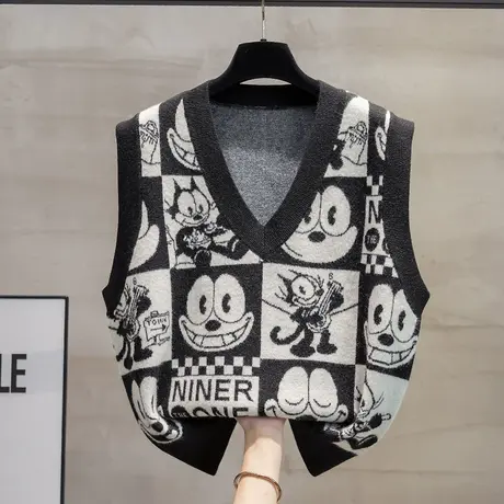 卡通v领针织马甲背心女2023秋装新款宽松外穿马夹格纹毛衣坎肩潮商品大图