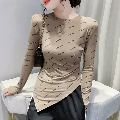 时尚不规则开叉T恤女装潮ins设计感洋气上衣百搭打底衫女长袖春秋商品大图