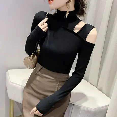 2023春秋新款时尚性感露肩T恤女欧货洋气高领打底衫内搭修身上衣商品大图