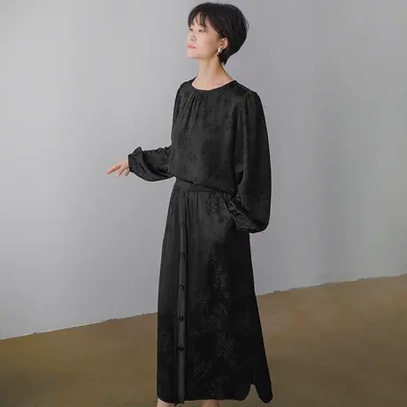 黑色三醋酸上衣女2023秋季新款灯笼袖设计感提花衬衫法式缎面上衣图片