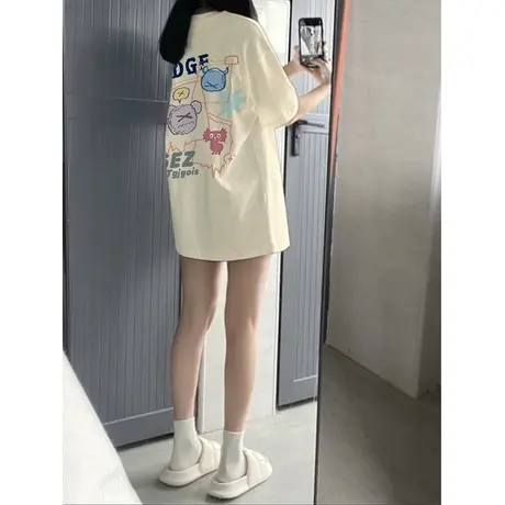 纯棉杏色宽松短袖T恤女慵懒风卡通印花2023夏季新款oversize上衣商品大图