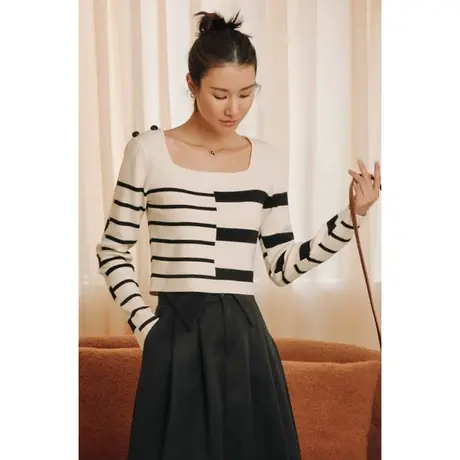 弥古不对称条纹打底长袖t恤设计感小众法式方领针织短上衣女春秋商品大图