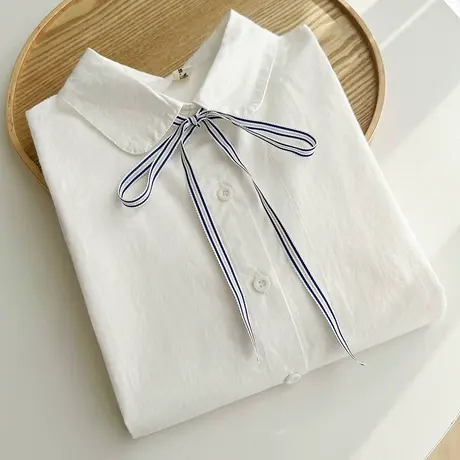 春秋新款韩版文艺小清新系带娃娃领纯棉长袖白衬衫女学生打底上衣图片