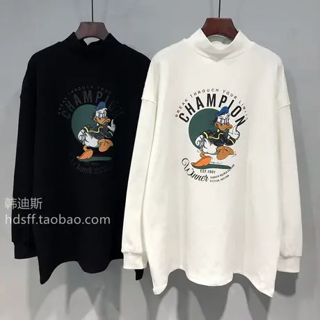 加绒加厚白色长袖t恤女秋冬2022新款卡通半高领宽松中长款打底衫商品大图