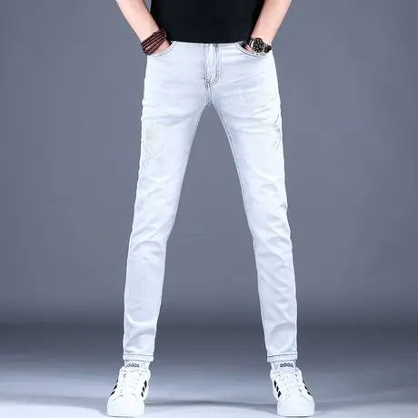 男士烫钻灰色牛仔裤男款修身小脚弹力2023新款夏季休闲裤子男轻奢商品大图