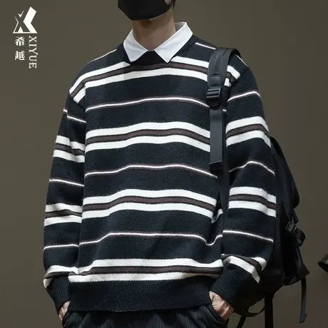 条纹重磅700g针织毛衣男秋冬学院风休闲宽松大码胖子POLO毛衫外套商品大图