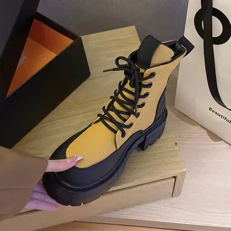 欧货粗跟增高厚底马丁靴英伦风拼色网红圆头系带短筒机车大黄靴女商品大图