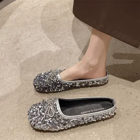 单鞋子女2023夏季新款网红一脚蹬亮片豆豆鞋女百搭浅口软底奶奶鞋图片