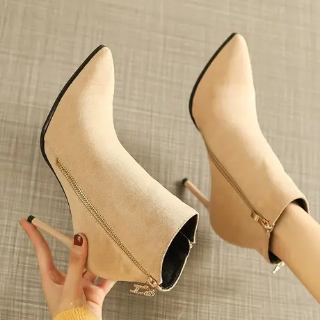 高跟短靴女2023新款秋冬性感侧拉链细跟尖头鞋显瘦及踝靴百搭单靴图片