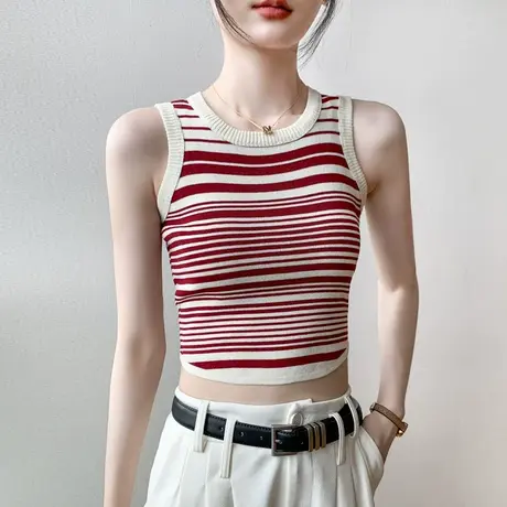 条纹宽边吊带背心女2023夏季紧身收腰显瘦内搭无袖打底衫短款上衣商品大图
