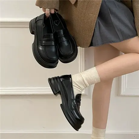 黑色英伦风小皮鞋女春秋2024新款日系jk百搭厚底粗跟防滑乐福单鞋图片