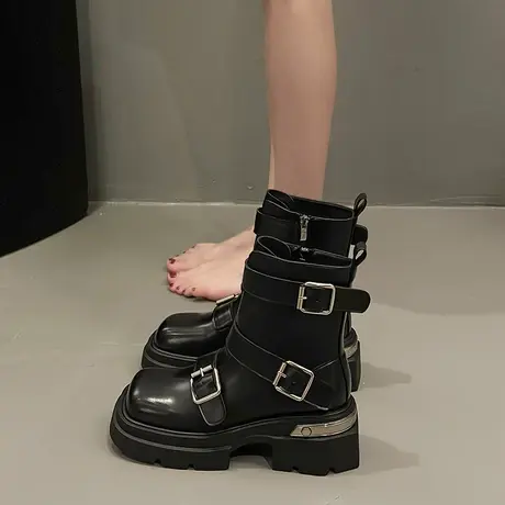 永希马丁靴女2023年春秋季新款网红超火瘦瘦靴粗跟厚底洋气小短靴图片