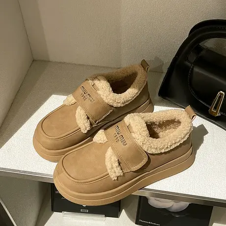 魔术贴加绒勃肯鞋子女2023冬季外穿毛毛鞋软底豆豆鞋保暖厚底棉鞋图片