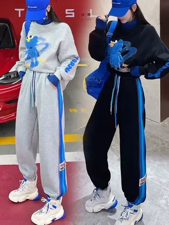 2023秋季新款侧边拼条纹卫裤时尚百搭显瘦撞色休闲抽绳束脚裤子女商品大图