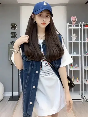 港味复古牛仔马甲宽松显瘦个性毛边无袖坎肩春季百搭圆领洋气外套商品大图