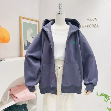 2022秋冬新款韩国东大门运动休闲上衣纯色开衫连帽外套卫衣宽松女图片