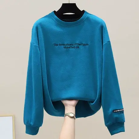 宽松卫衣女套头2023春秋季新款时尚圆领字母绣花韩版假两件上衣潮商品大图