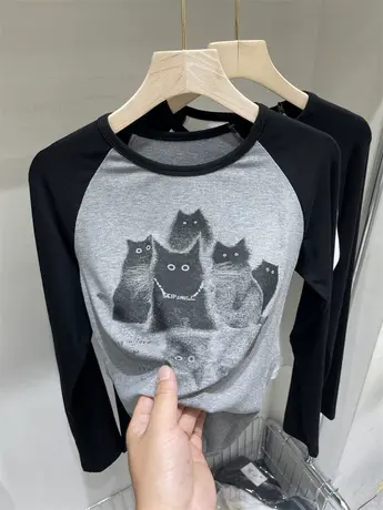 欧货圆领撞色拼接猫咪印花长袖T恤女2023秋季新款时尚打底衫上衣图片
