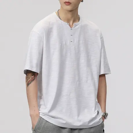 男士白色v领t恤男夏季薄款简约纯色上衣竹节棉短袖2023年新款体恤商品大图