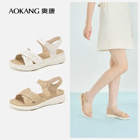 奥康女鞋 新款一字带微坡跟时装凉鞋舒适厚底百搭通勤鞋图片