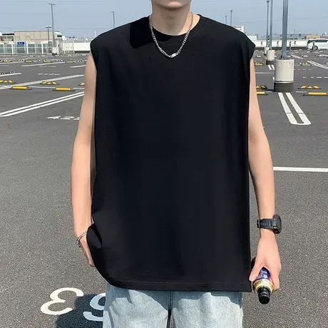 美式vibe重磅纯棉坎肩背心男夏季新款ins潮牌纯色运动无袖t恤汗衫图片