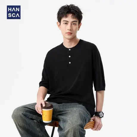hansca 亚麻莱赛尔亨利领针织短袖t恤男2025夏季凉感天丝宽松上衣商品大图