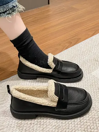 单鞋女2023秋冬新款英伦风一脚蹬平底小皮鞋女乐福鞋黑色加绒棉鞋商品大图