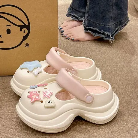 增高洞洞鞋女外穿夏季少女心可爱星星室内厚底防滑包头两穿凉拖鞋商品大图