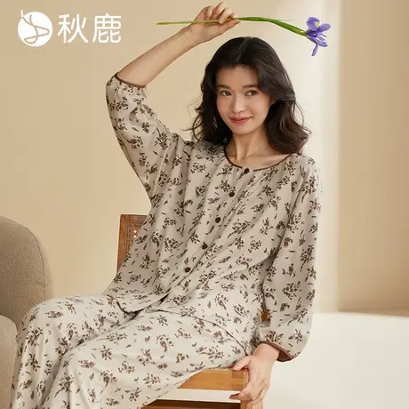 秋鹿裸感透气柔软抑菌纯棉睡衣女春夏大码显瘦法式碎花长袖家居服商品大图