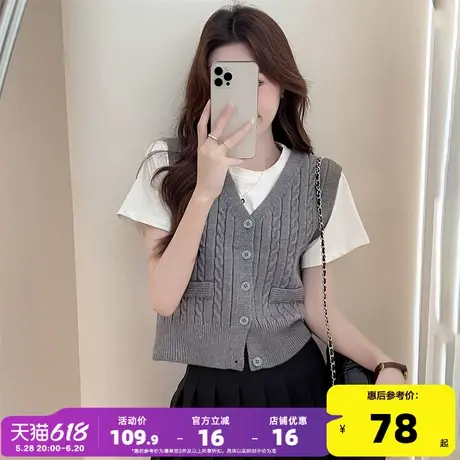 唐狮初秋新款灰色小绞花V领针织开衫女设计感叠穿坎肩背心上衣qd商品大图