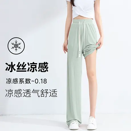班尼路灰绿色冰感直筒裤2025新款夏季高腰修身宽松垂感冰丝裤女Q商品大图