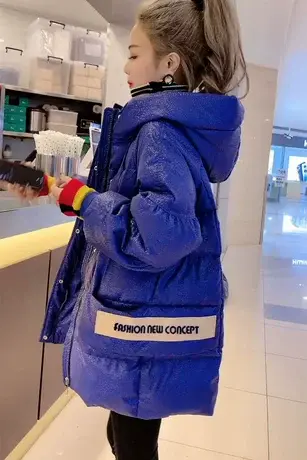 星空亮闪闪免洗亮面羽绒棉服女中长款2023新款连帽时尚棉衣外套潮图片