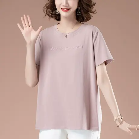 短袖t恤女夏季加肥加大码女装宽松圆领字母刺绣百搭休闲纯棉体恤商品大图