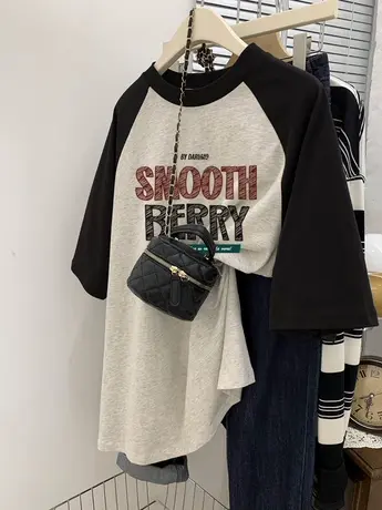 韩系夏季撞色纯棉闺蜜T恤女2023新款大码ins休闲风插肩袖短袖上衣商品大图