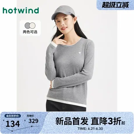 热风2025年秋季新款女士圆领拼边针织衫简约百搭长袖针织上衣商品大图