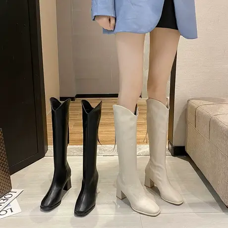 永希黑色V口不过膝长靴女秋季2022新款高筒靴法式粗跟显瘦骑士靴图片