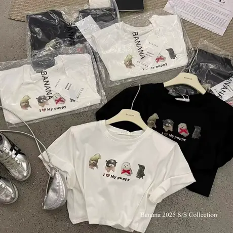 韩国东大门夏季新款卡通小狗蝴蝶结圆领短袖T恤女百搭短款上衣潮商品大图
