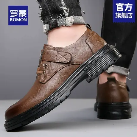 罗蒙棕色皮鞋男士秋季厚底一脚蹬大头皮鞋男款正装商务增高鞋RM商品大图